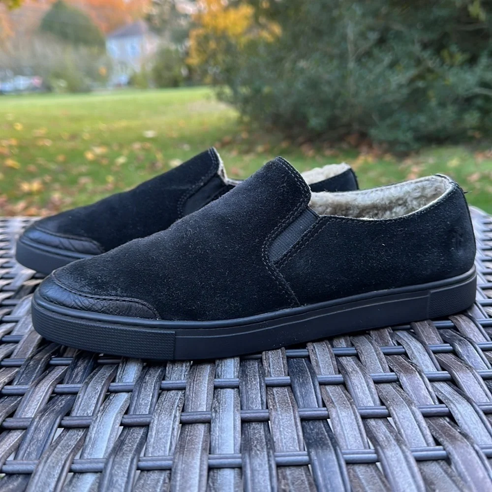 FRYE Gemma Black Suede Shearling Lined Slip-on Sneakers